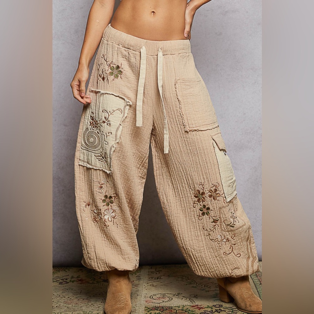 400B. Bohemian Gauze Embroidered Jogger Pants